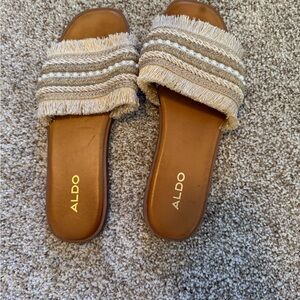 Aldo Beige Fringe Slide Sandals